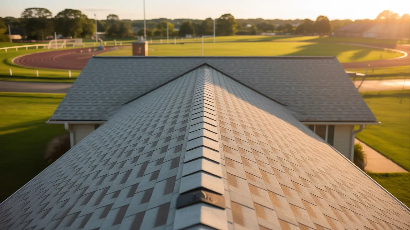 Light-colored asphalt-shingle cool roof on a Gardena field-house, overlooking a running track at sunset.