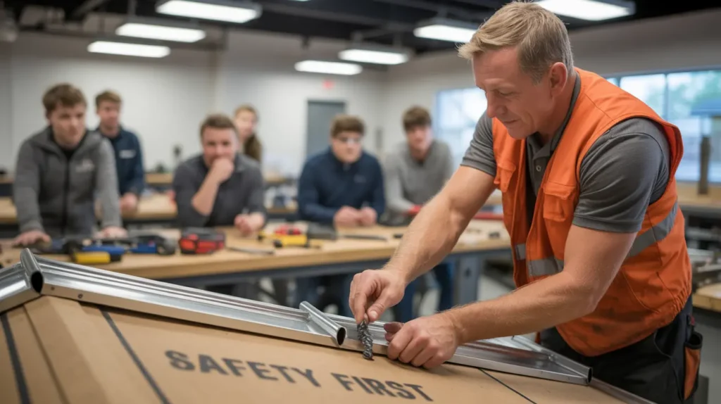 Instructor in orange safety vest demonstrates roof-safety hardware to a classroom of attentive trade-school students gathered around workbenches.