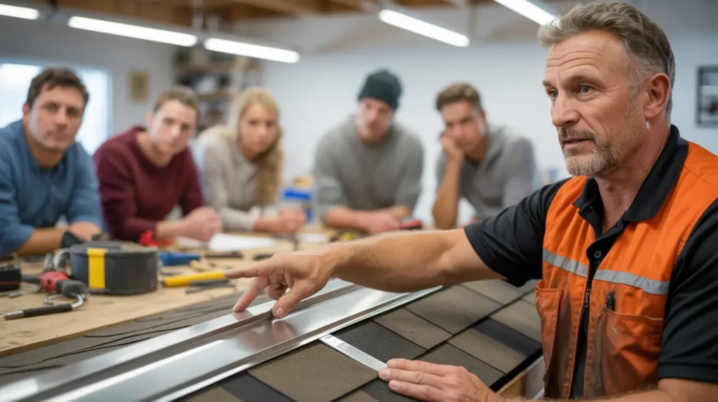 Experienced roofer in orange vest explains shingle-flashing alignment on a mock roof section while a small group of apprentices looks on.