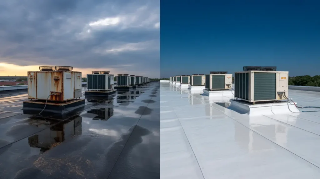 Before and after commercial roofing in Torrance, CA - Wet to clean roof.