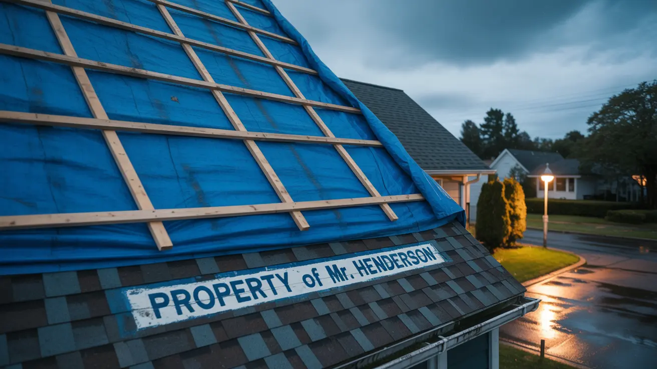 Blue tarp fastened with wood battens over storm-damaged roof in Carson at dusk, ‘Property of Mr. Henderson’ sign visible above wet street.