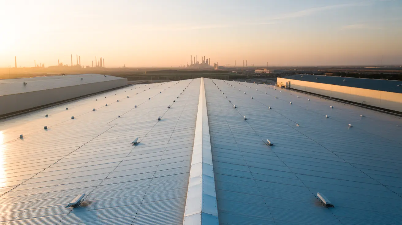 Wide aerial view of a reflective TPO warehouse roof in Carson, industrial skyline glowing at sunrise in the distance.