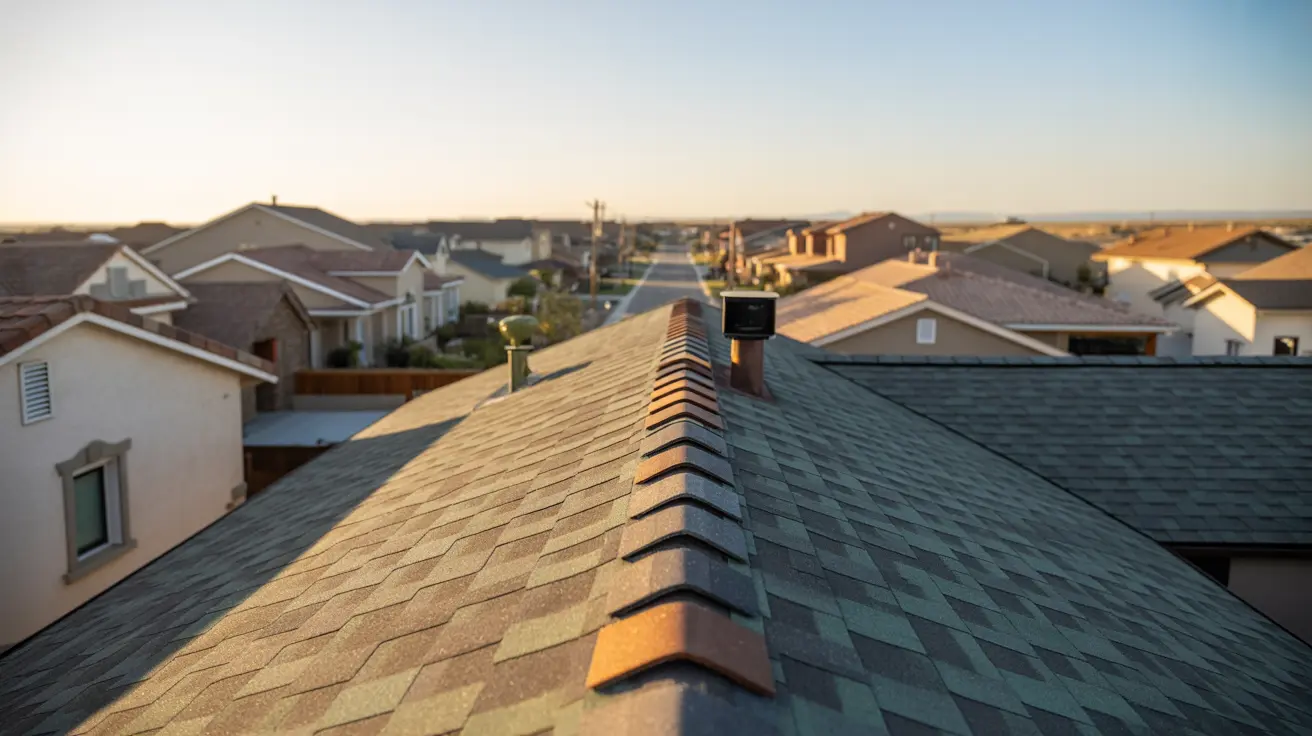 carson roofing -Cool-roof asphalt shingles with green and brown tones running along a home’s ridge in a Carson subdivision at dawn.