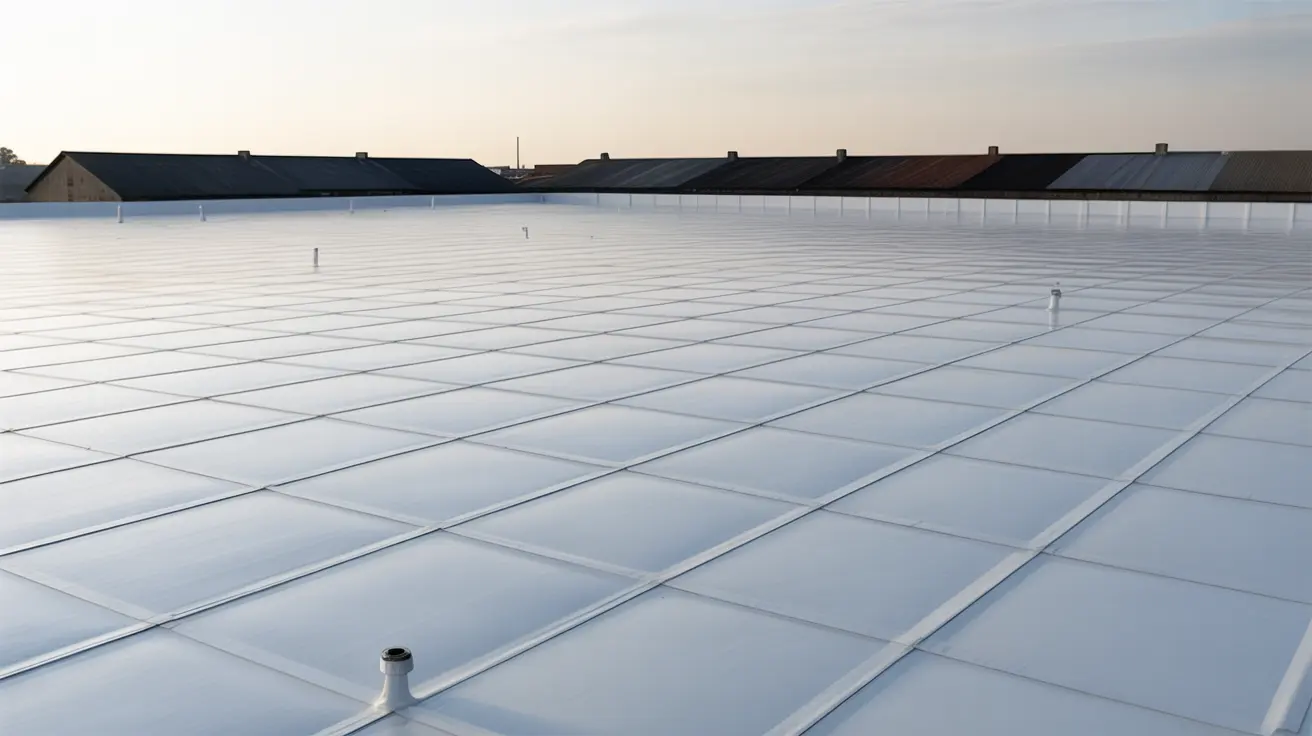 White PVC-coated flat roof on a Carson commercial building, showing grid-pattern seams under soft morning light.