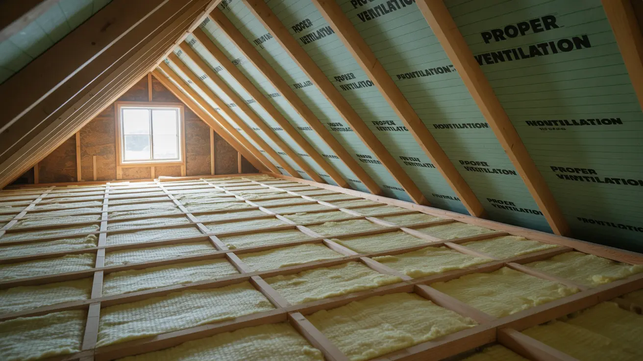 Interior attic shot in Carson home showing fresh insulation between joists and roof deck labeled ‘Proper Ventilation.