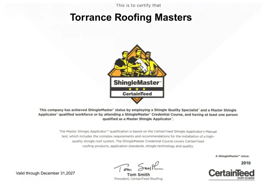Torrance Roofing Masters—CertainTeed ShingleMaster certification in Torrance, CA.