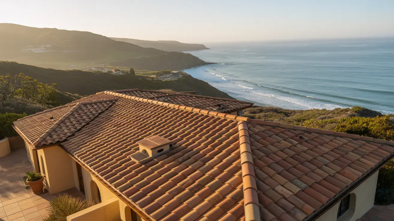 Terracotta clay-tile roof of a cliff-side home in Rancho Palos Verdes roofing, looking out over the Pacific at golden hour.