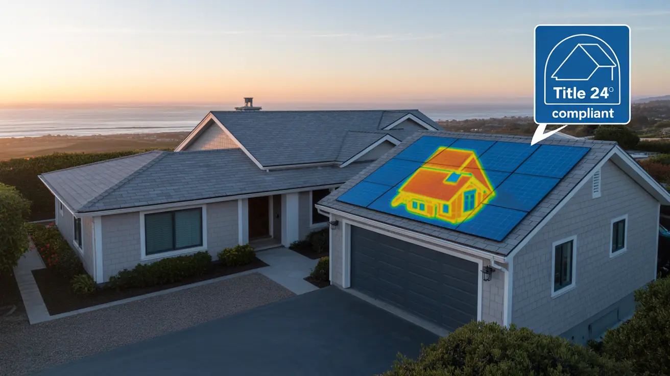 Title 24–compliant cool-roof shingles installed on a Torrance, CA coastal home, shown with a thermal overlay proving superior heat rejection.