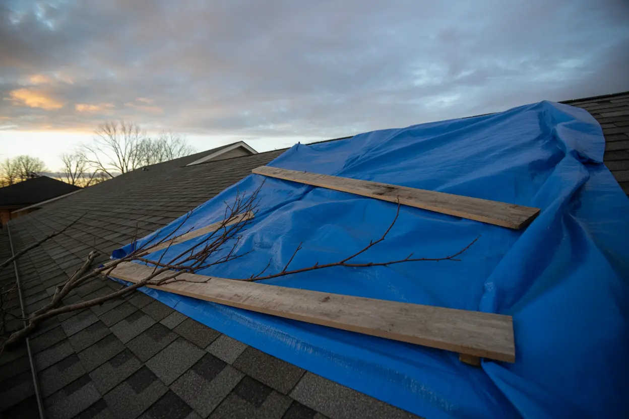 Blue tarp and wooden planks temporarily covering storm damage on a shingle roof in Lomita at sunset.