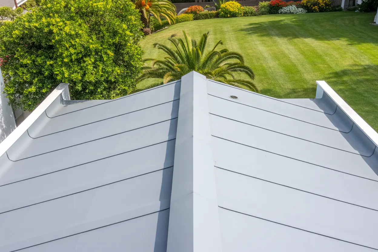 Clean, light-gray standing-seam metal roof on a Lomita garage overlooking manicured palm-lined backyard.