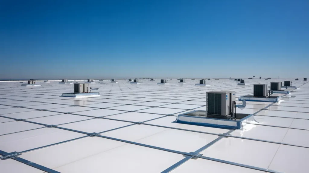 Expansive white TPO membrane with HVAC curbs on a Torrance warehouse—cool-roof system lowers interior temps and energy bills.