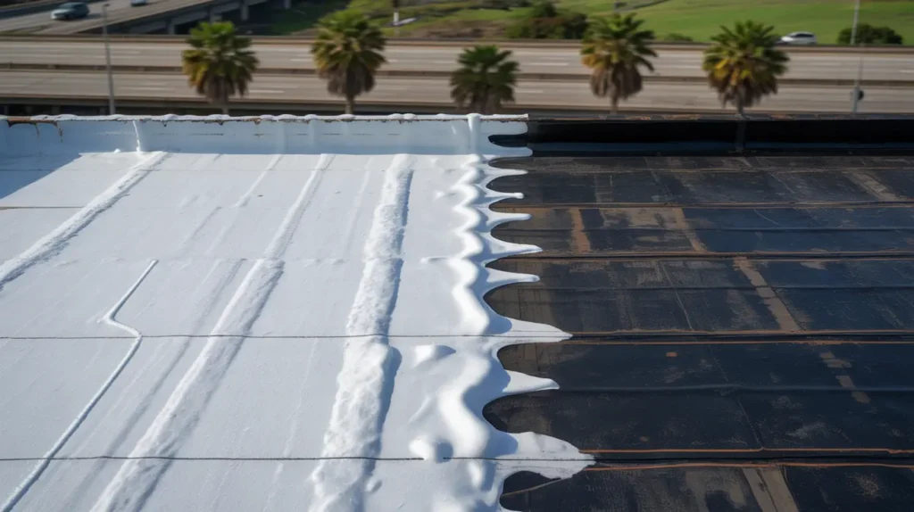 Half-completed SPF foam-and-coating retrofit on a Torrance commercial roof, clearly showing the white insulated barrier versus old black surface.