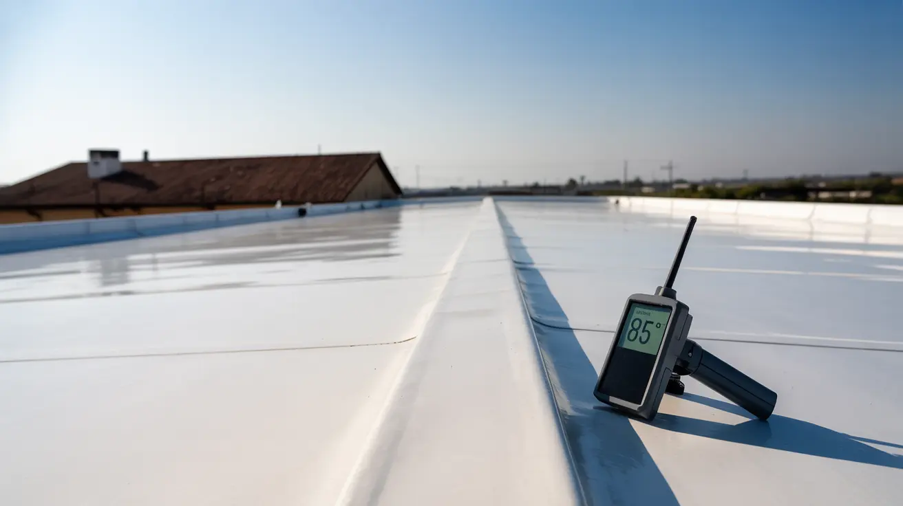White TPO-coated commercial flat roof in Gardena with an infrared thermometer reading 85 °F resting on the seam.
