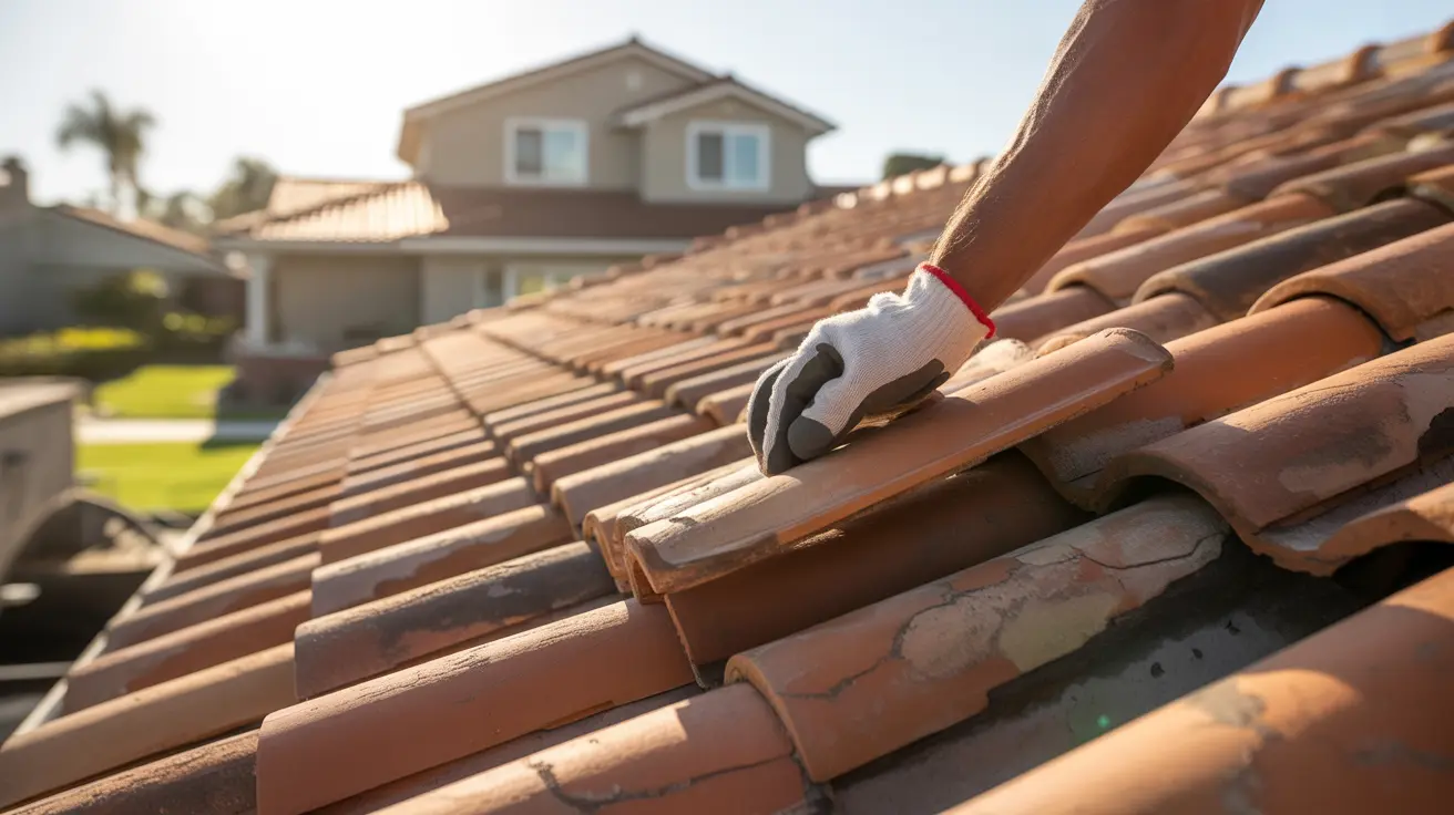 gardena roofing - Worker’s gloved hand sliding a replacement terracotta tile into place while repairing a clay roof in Gardena.