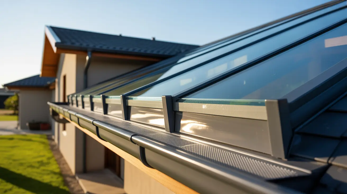 Row of sleek glass skylight panels freshly mounted on a dark-metal roof of a modern Gardena residence.