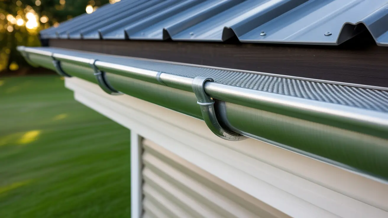 Close-up of new metal gutter with mesh guard installed beneath a standing-seam metal roof edge on a Carson house.