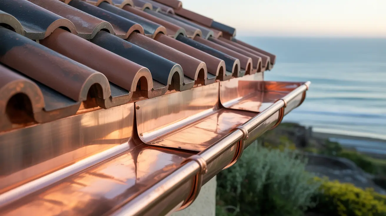 Close-up of newly installed copper gutters beneath rounded clay tiles on an ocean-view roof in Rancho Palos Verdes.