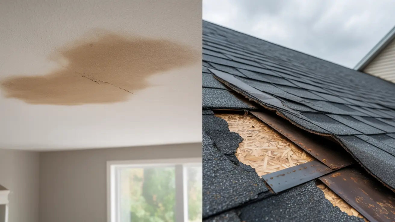 Side-by-side view of an indoor ceiling stain and missing shingles on an asphalt roof, illustrating a roof leak in a Redondo Beach home.