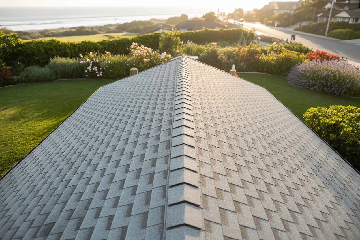 Freshly replaced gray asphalt-shingle roof gleaming in late-afternoon sun with ocean in the distance, Lomita.