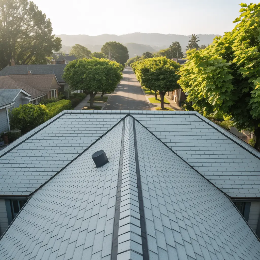 New architectural-shingle roof on Oak Street in Torrance, CA, looking down a tree-lined street with fresh ridge and hip caps visible.