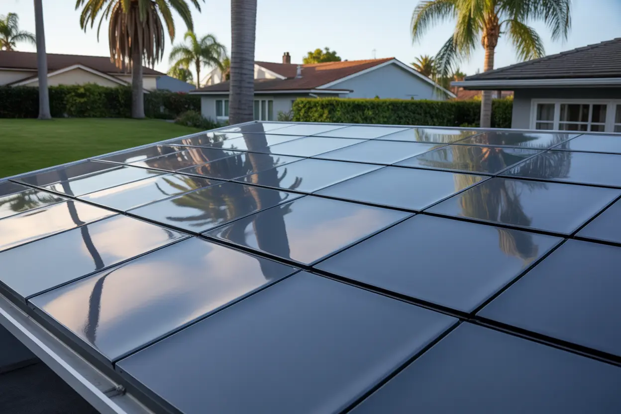 Glossy black metal roof panels reflecting palm trees and sky on a modern Redondo Beach property.