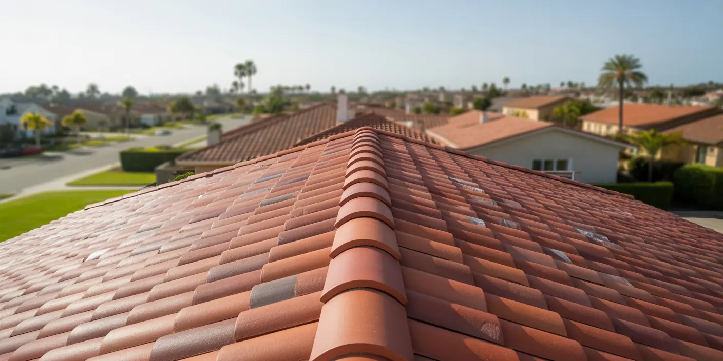 Ridge-line perspective across a neighborhood of terracotta Spanish tile roofs in Redondo Beach, California.
