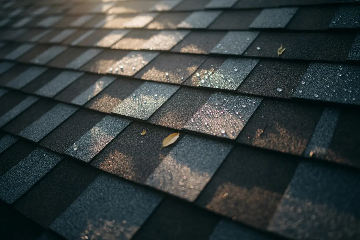 Close-up of dark architectural shingles dotted with morning dew and leaf debris after roof cleaning in Lomita.