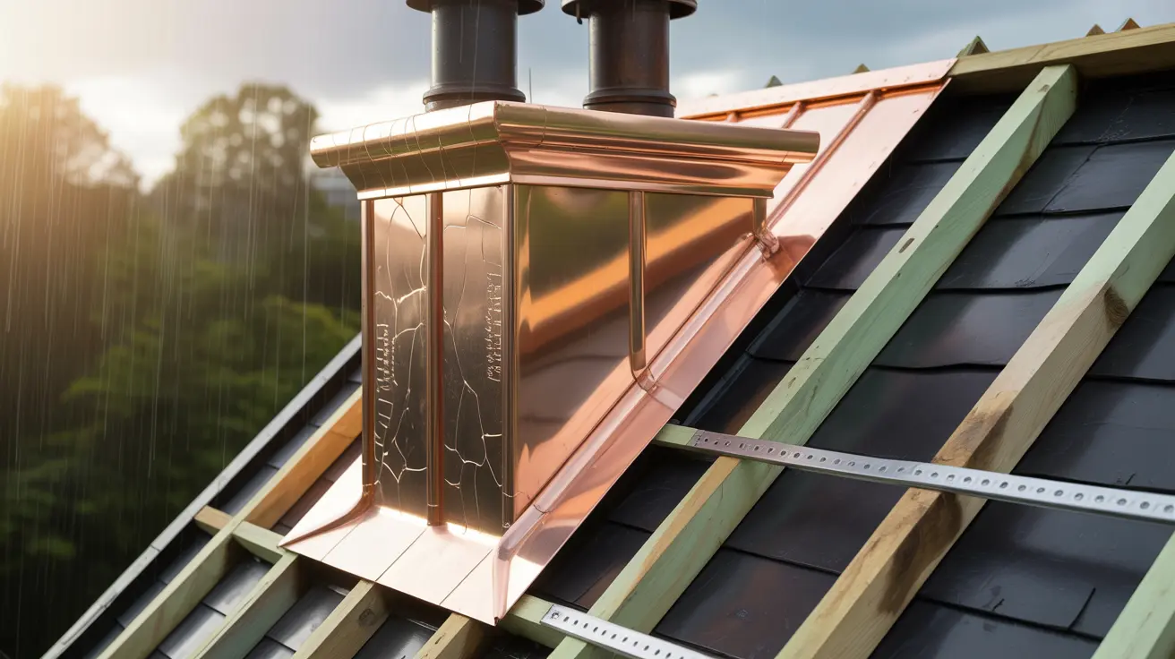 Fresh copper chimney flashing being installed on a Torrance slate roof, ensuring watertight protection against driving rain.