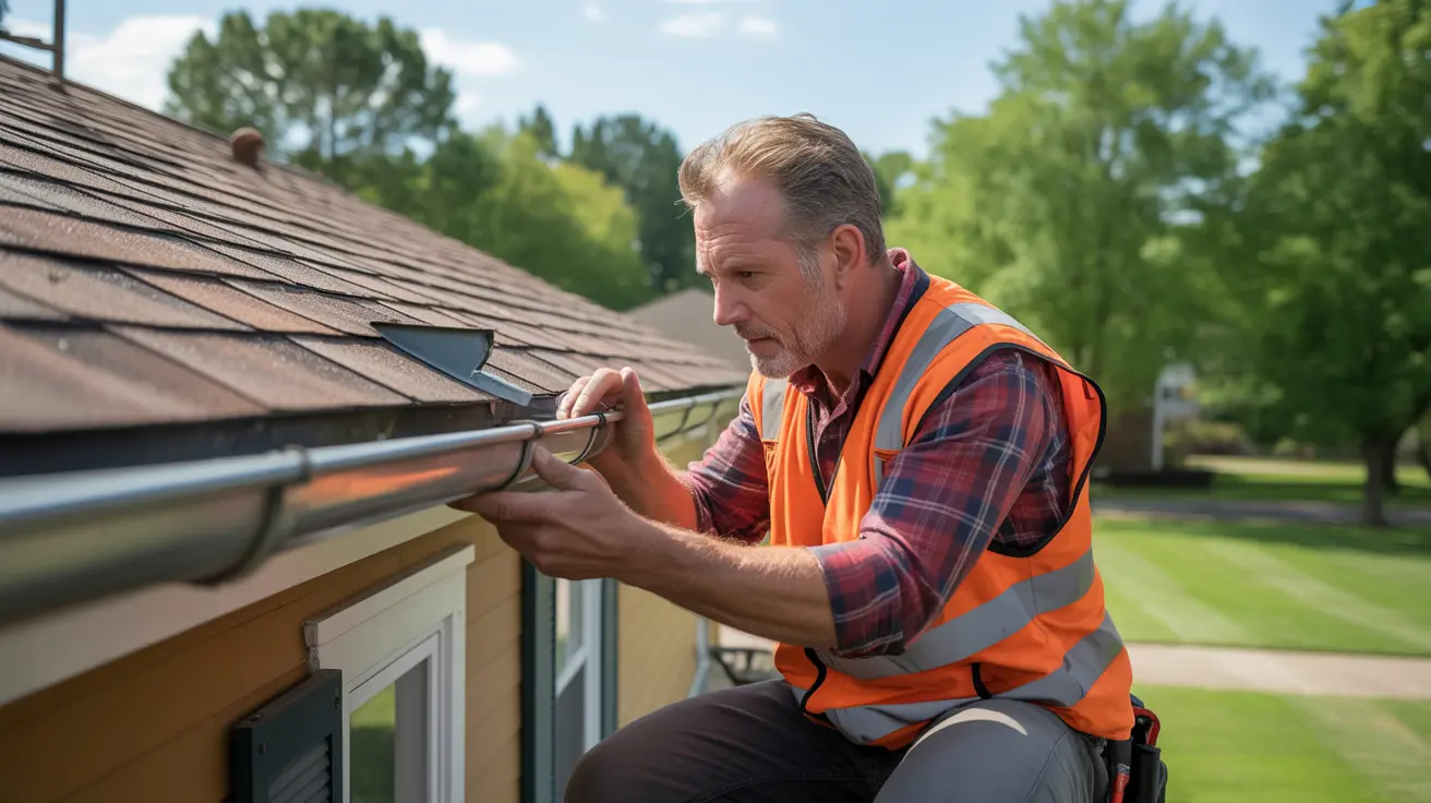 Inspector in orange safety vest examining the gutter attachment along a wood-shingle roof edge on a Gardena home.