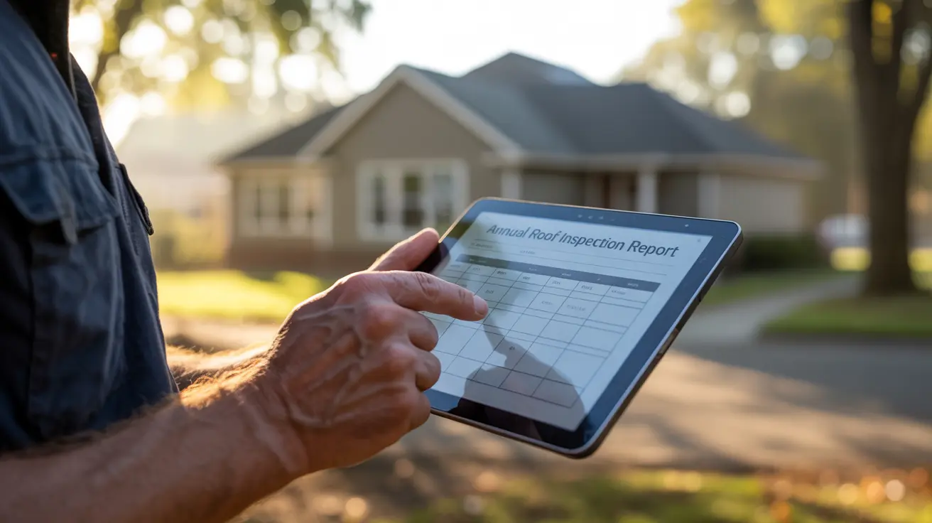 Technician reviewing an annual roof-inspection report on a tablet outside a Torrance home, documenting condition before the rainy season.
