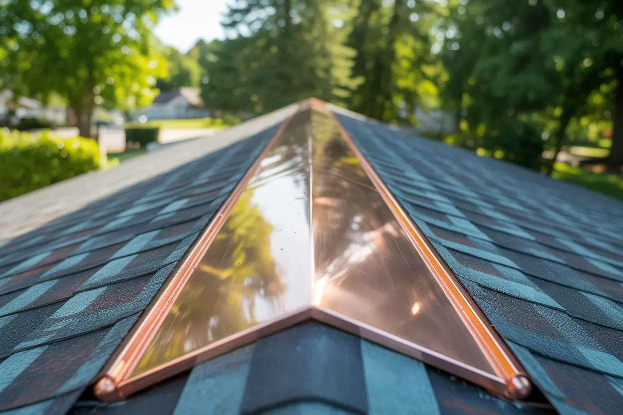 Shiny new copper ridge cap installed along peak of teal asphalt-shingle roof surrounded by leafy trees.