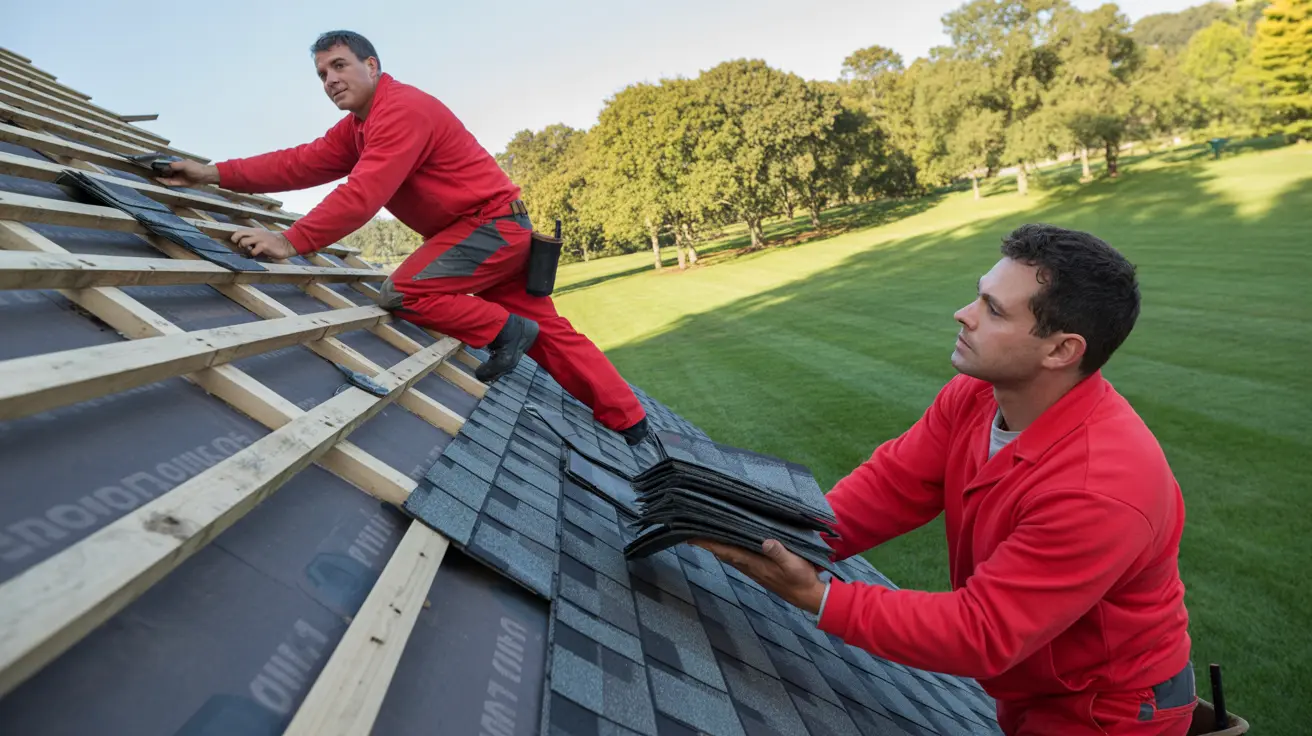 Two roofers in red uniforms installing new gray shingles over open battens during a full roof replacement in Gardena.