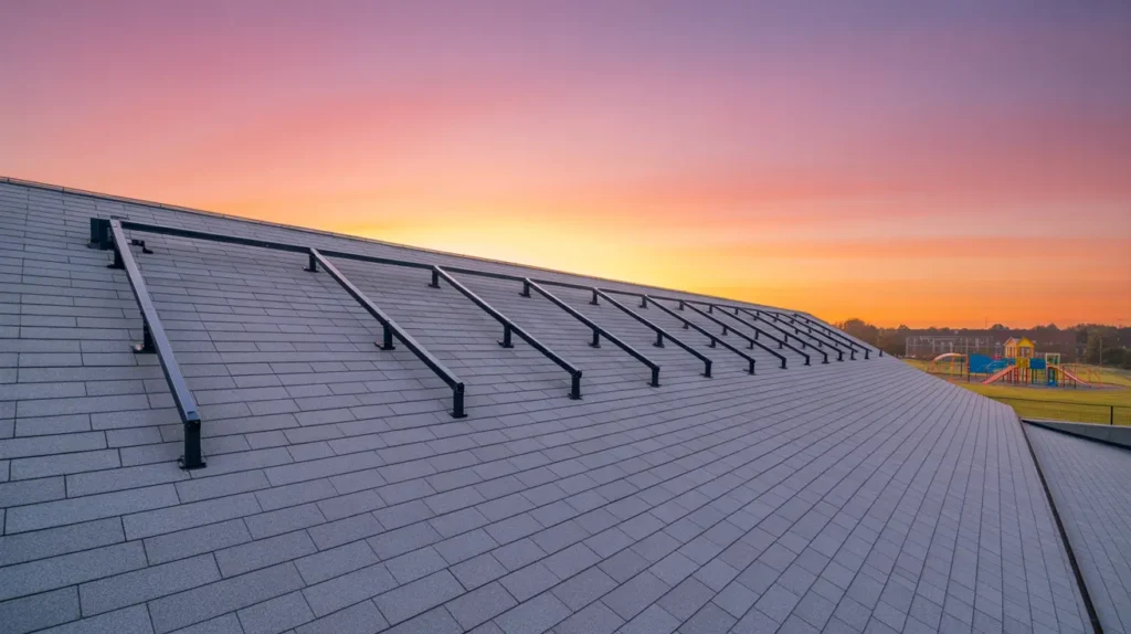 New roof installation in Torrance, CA - Residential roof with solar panels frames.
