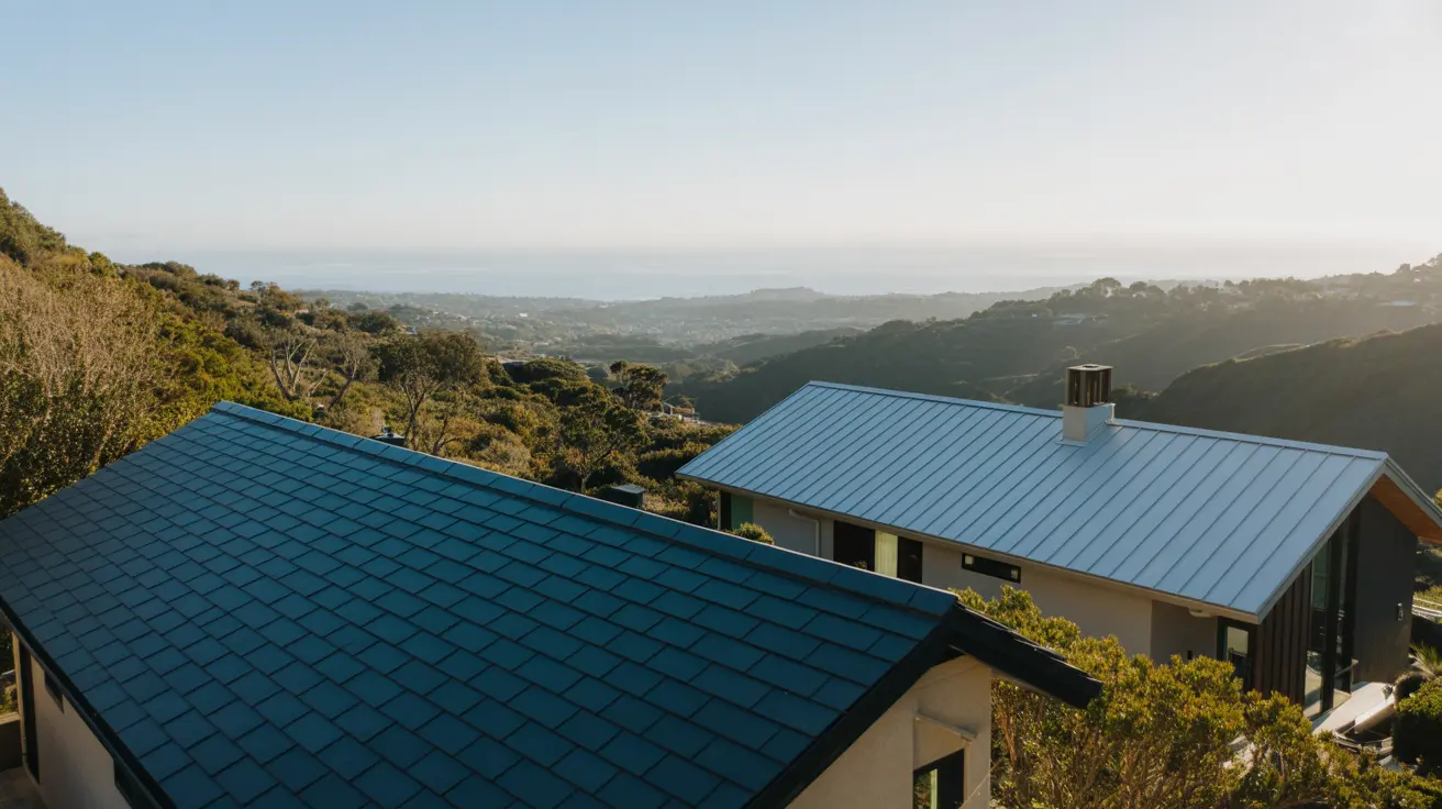 Hillside homes with dark synthetic-slate and standing-seam metal roofs overlooking rolling canyons and the distant ocean.