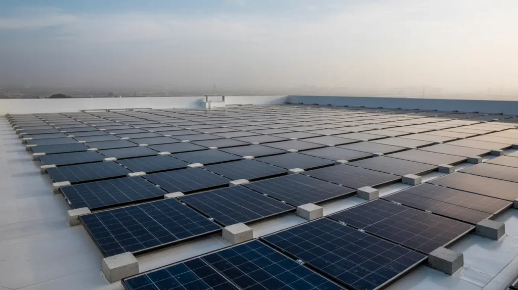 Large-scale flat-roof solar array installed on a Torrance facility, converting rooftop space into cost-saving renewable power.