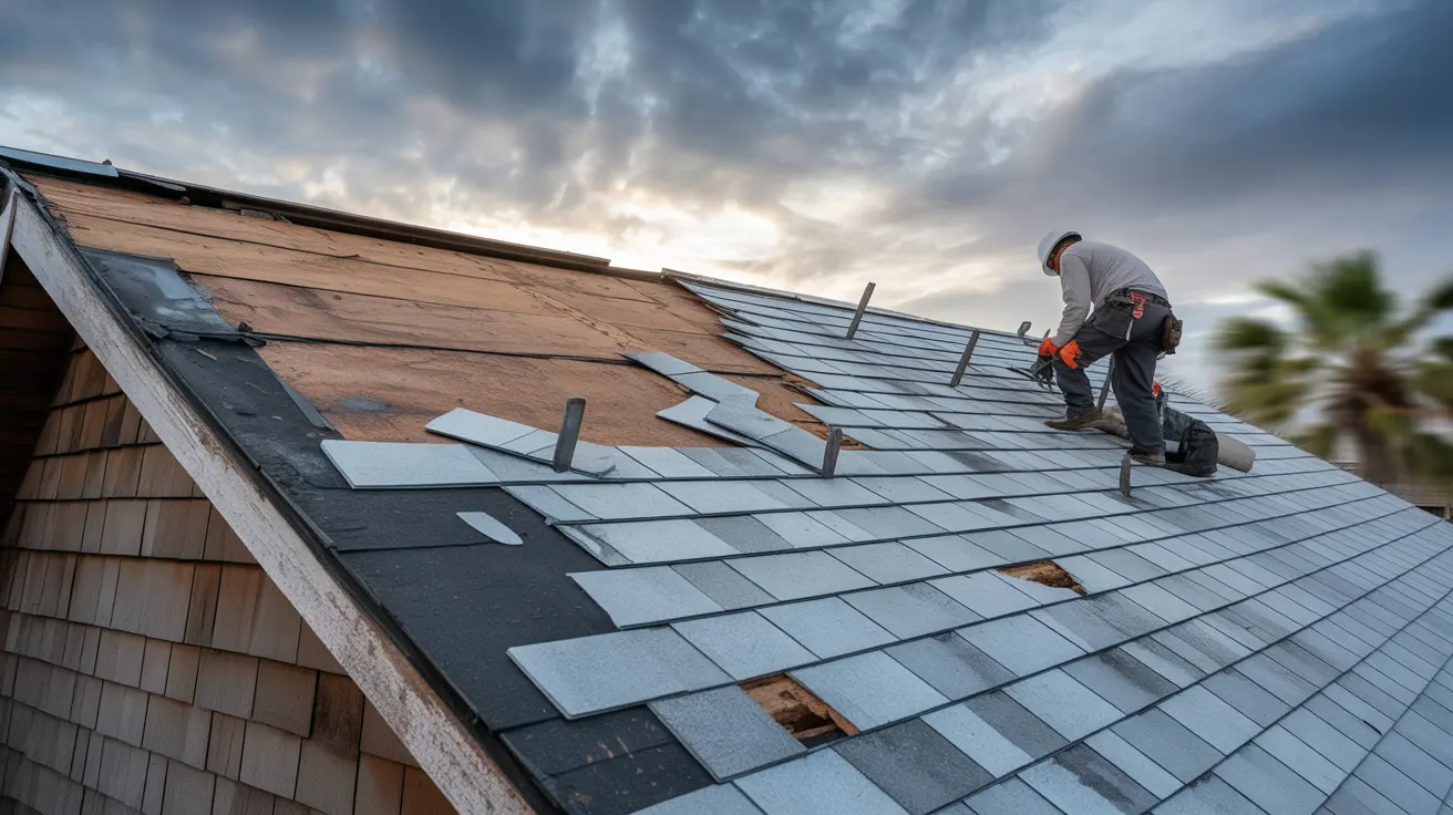 Roofer replacing wind-torn shingles and exposed decking after a storm swept through Torrance, CA—restoring the roof’s integrity.
