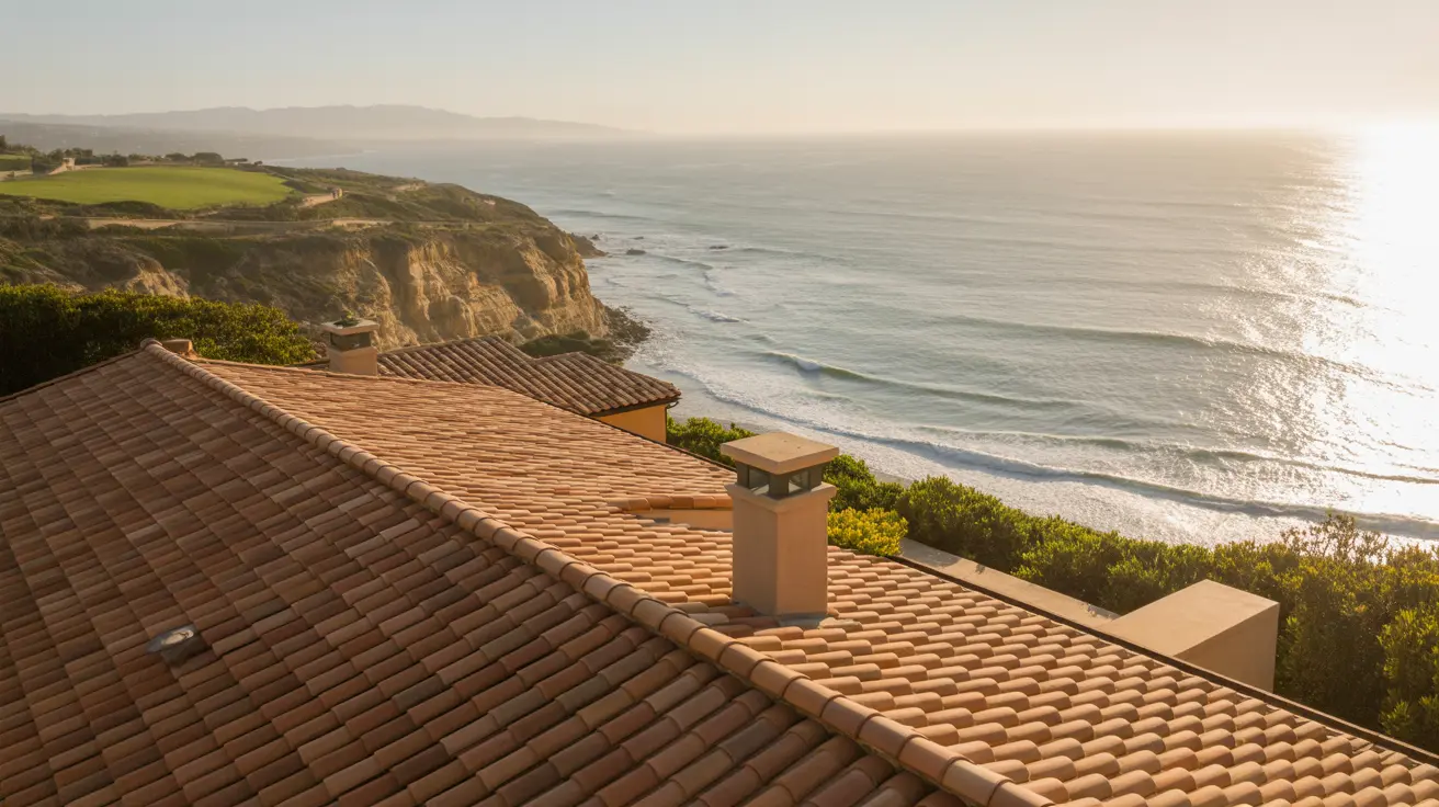 Restored terra-cotta roof tiles and chimney on a bluff-top residence above the waves in Rancho Palos Verdes at sunset.