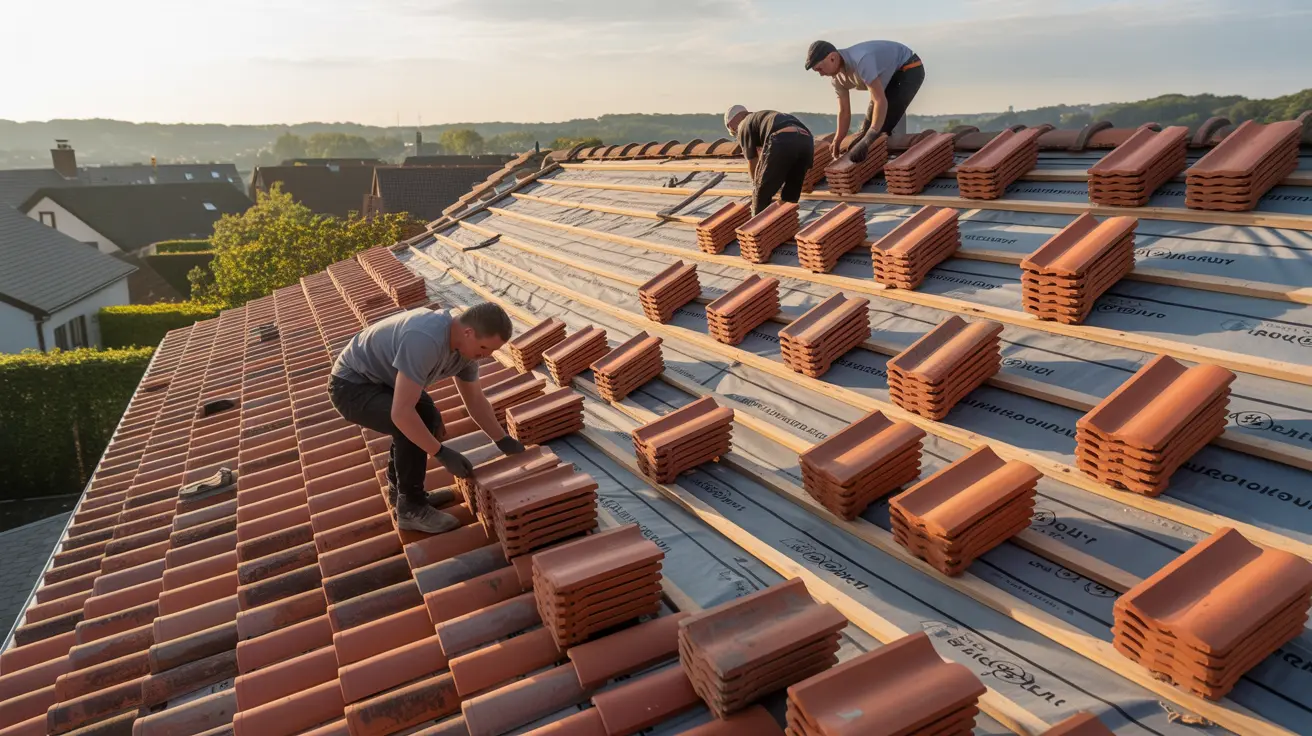 Crew methodically stacking and installing new clay tiles during a full roof replacement on a Torrance home at sunrise.