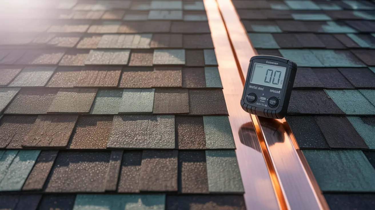 Close-up of dew-covered shingles beside a copper valley flashing and digital moisture meter during a preventive-maintenance visit in Torrance.