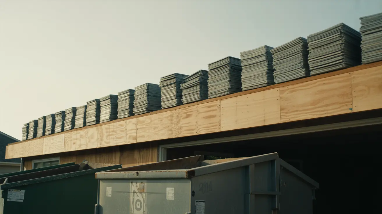 Stacks of new shingles staged along a stripped roof deck with debris dumpster below—materials ready for a full roof replacement in Torrance, CA.