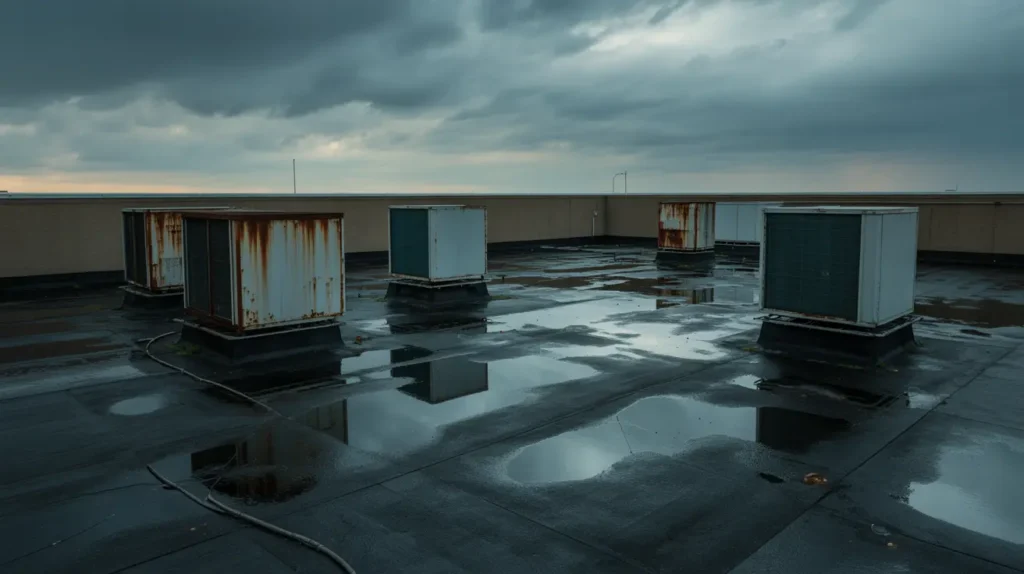 Commercial roof repair in Torrance, CA - Wet roof with HVAC units.