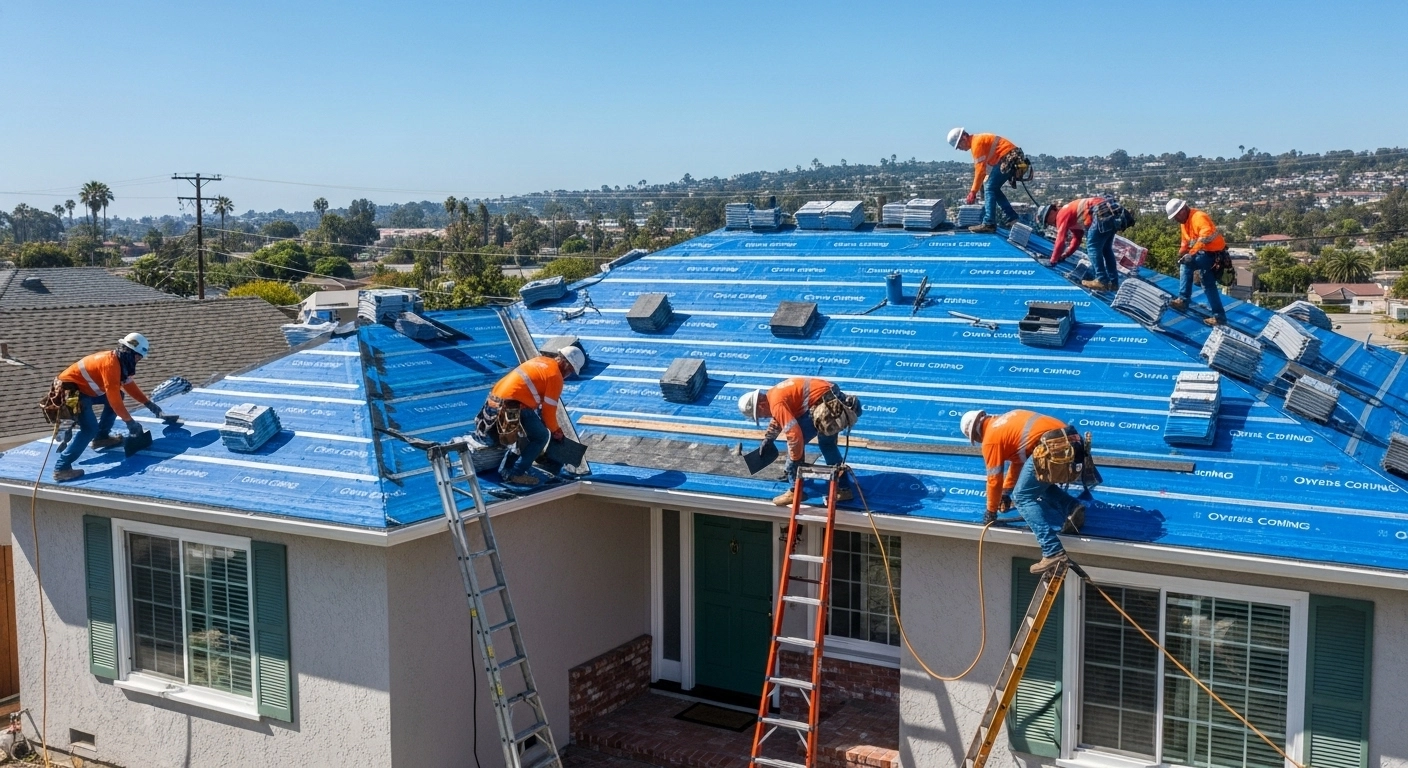 Roofer team installing Owens Corning Title 24–compliant cool roof shingles on a Torrance home against a clear coastal sky
