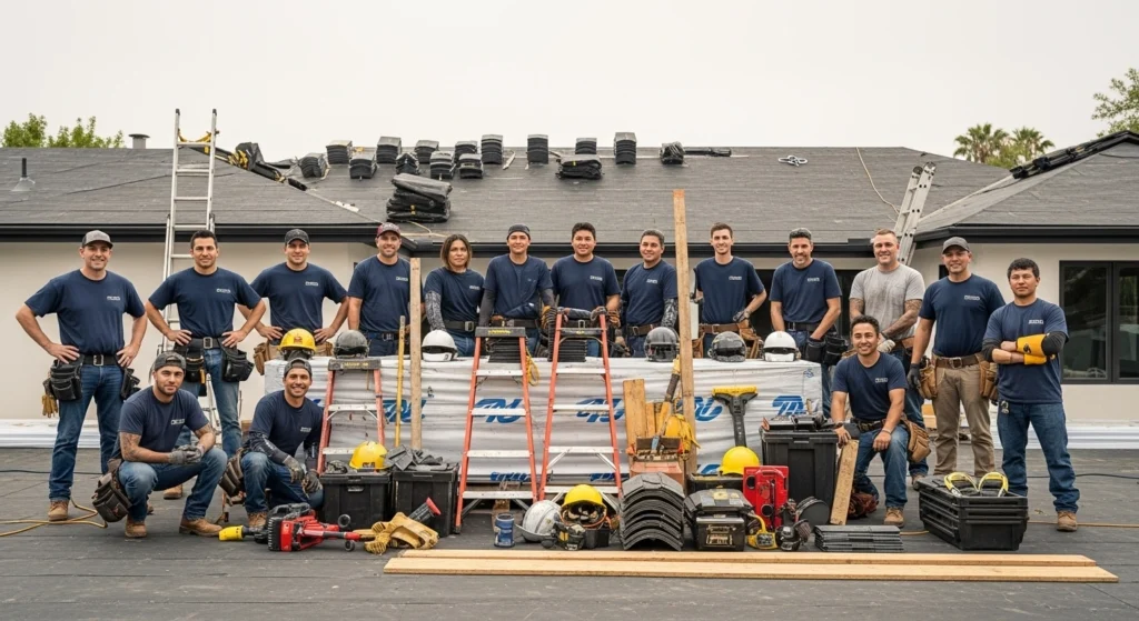 The full Torrance Roofing Masters crew poses in front of an active roof installation, standing with ladders, tools, safety gear, and stacks of shingles neatly arranged across the jobsite.