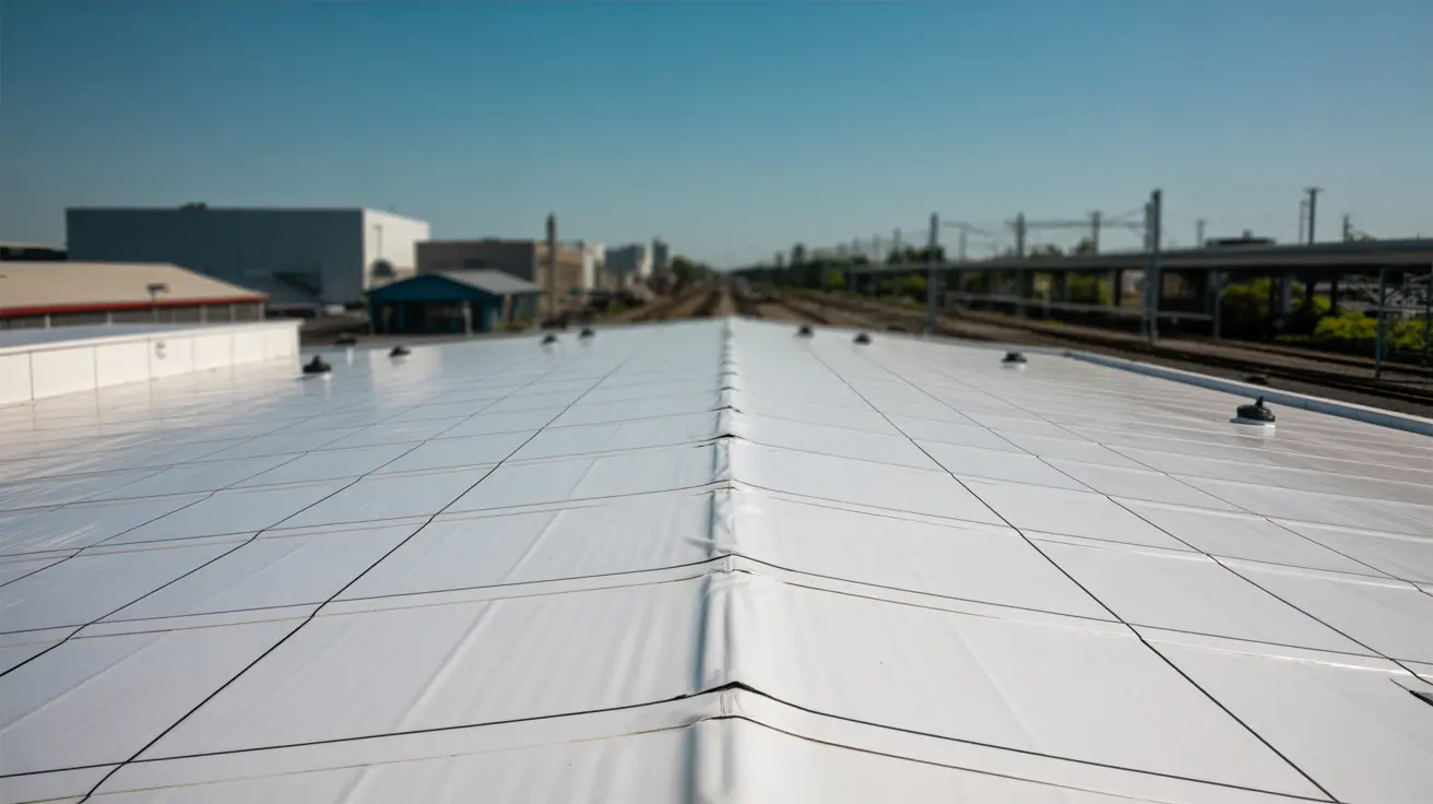 Expansive white TPO retrofit membrane covering an industrial roof in Gardena, railway lines visible in the distance.