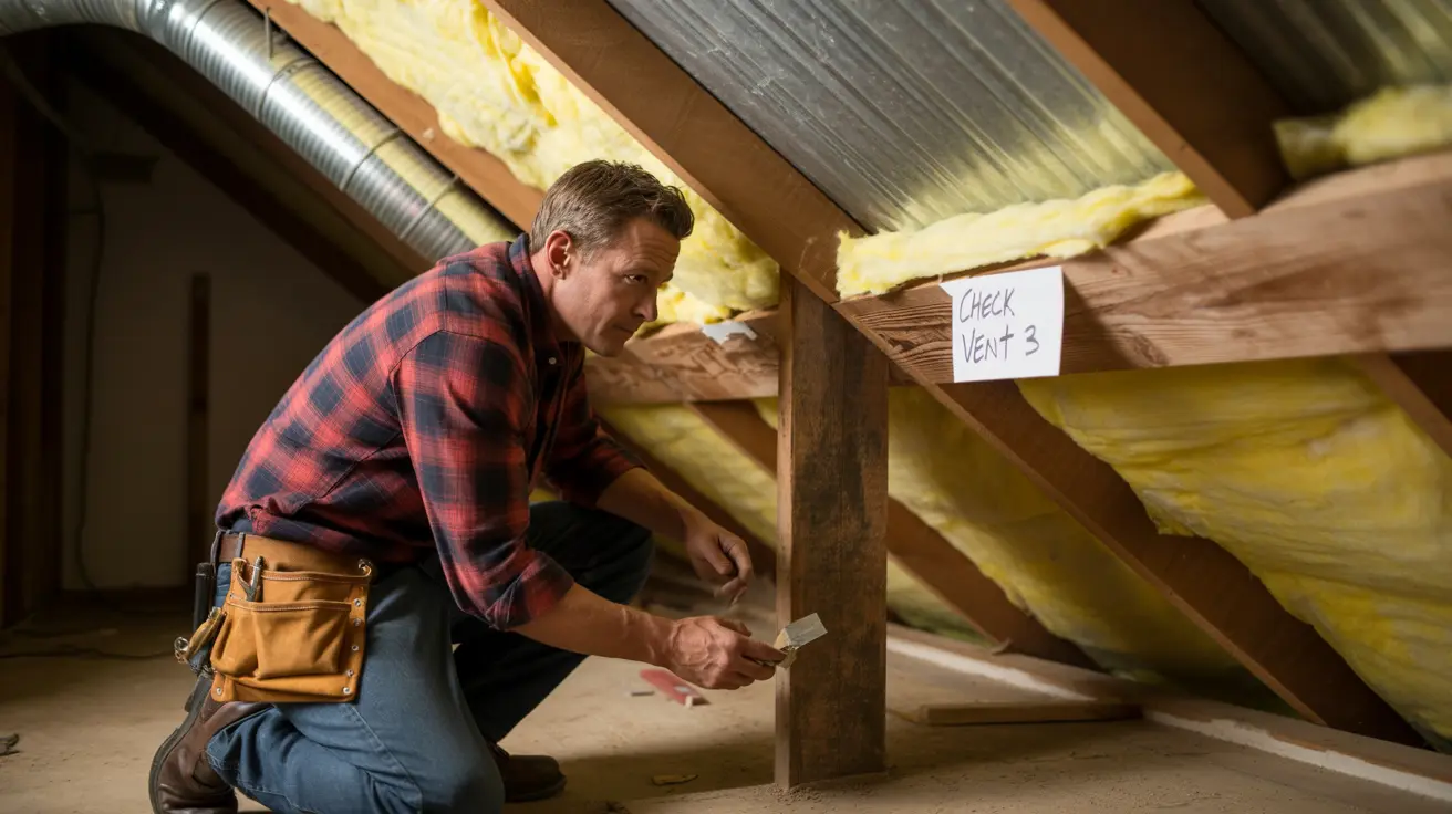 Contractor in flannel shirt inspecting attic insulation and marking a metal vent inside a Gardena home.