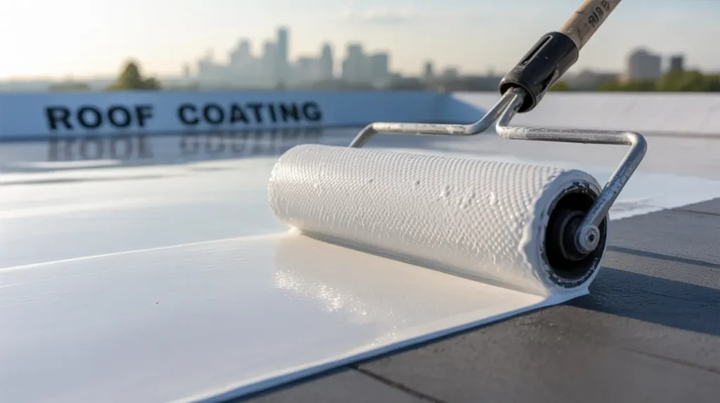 Elastomeric white roof-coating being rolled onto a Torrance flat roof, creating a seamless waterproof and reflective surface for energy savings.
