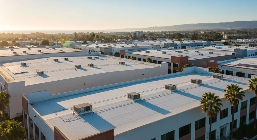 Aerial drone view of commercial buildings in Torrance with bright‑white silicone roof coating Torrance installations reflecting sunset light, illustrating energy‑efficient flat roof restoration.