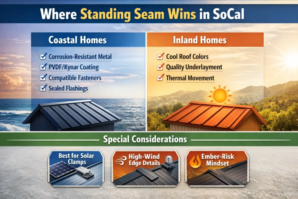 Where standing seam metal roofing performs best in Southern California: coastal corrosion resistance checklist, inland heat/UV priorities, and badges for solar clamps, high-wind edge details, and ember-risk areas.