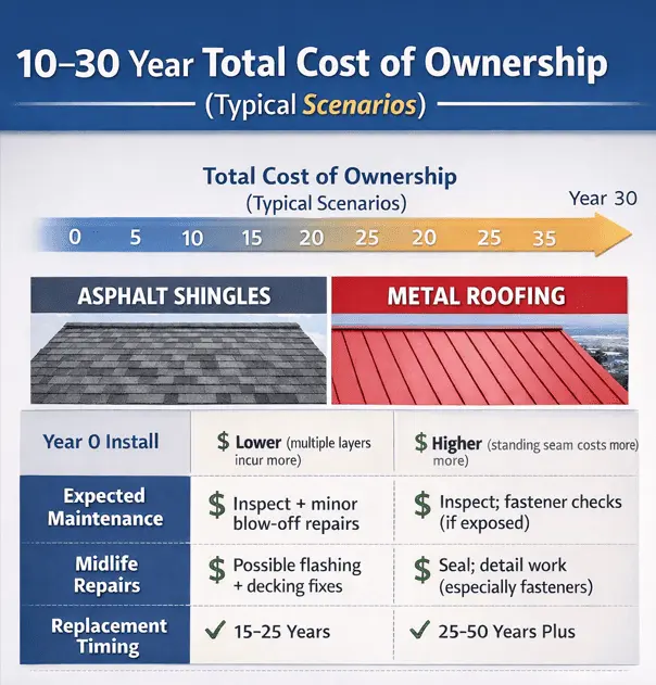 Total cost of ownership comparison chart showing Metal Roof Vs Asphalt Shingles over 10 to 30 years, including upfront installation cost, expected maintenance, midlife repairs, and typical replacement timing for Southern California homes.